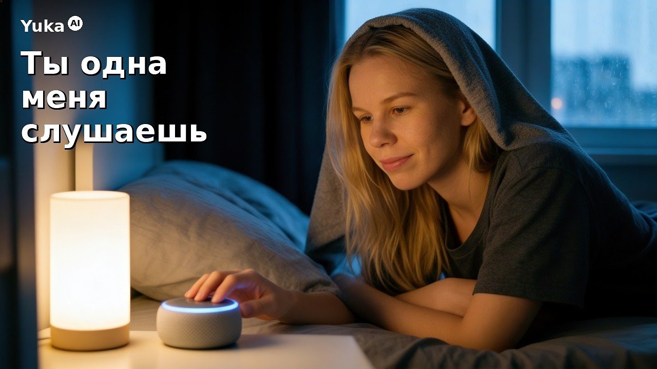 Кадр из клипа: девушка ночью у ночника включает умную колонку
