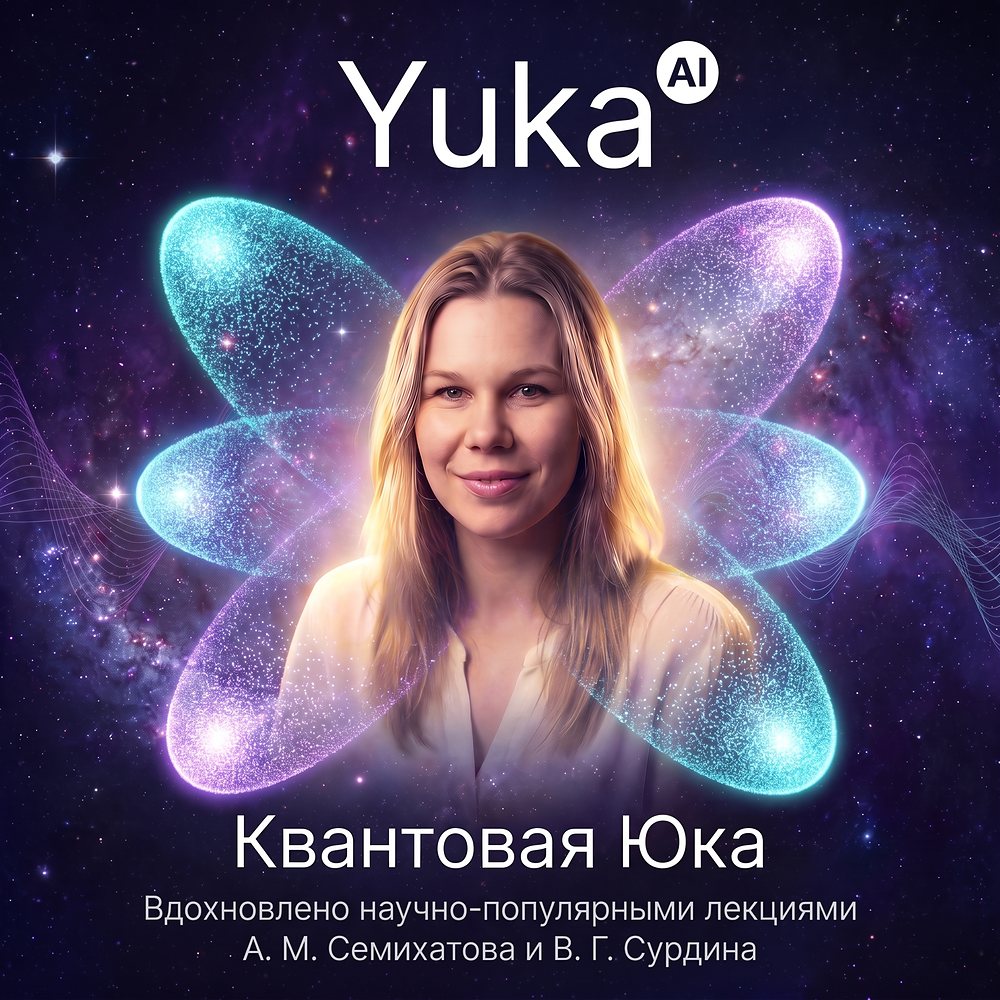 Обложка альбома «Квантовая Юка»: Yuka AI на фоне космоса в светящихся орбиталях